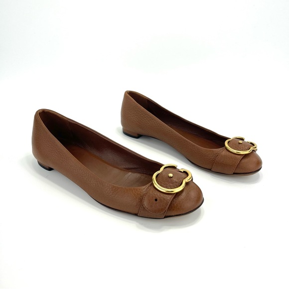 📌SOLD📌 GUCCI 100% AUTHENTIC BROWN LEATHER GOLD INTERLOCKING GG FLATS - Picture 2 of 16